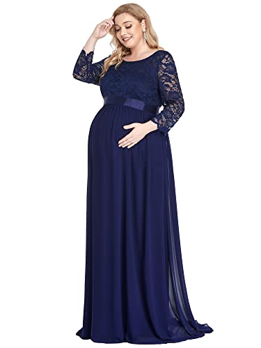 Ever-Pretty Plus Damen Rundhalsausschnitt 3/4 Ärmel Spitze Empire A-Linie Große Größe Mutterschaft Abendkleider für Schwangere Navy Blau 58EU von Ever-Pretty Plus