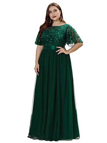 Ever-Pretty Plus Damen Rundhalsausschnitt Kurze Ärmel Pailletten Tüll Elegant Maxi Große Größe Ballkleid Dunkelgrün 48 von Ever-Pretty