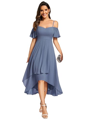 Abendkleider Damen Elegante Sommerkleider Midi A-Linie Kleid Sling Chiffon Hochzeit Gastkleider Brautjungfer Kleider Kurz Staubige Marine 46 von Ever-Pretty