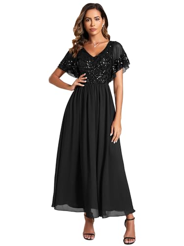 Abenkleider Damen Brautjungfernkleider A-Linie Kurze Ärmel Abschulter Pailletten Partykleider Schwarz 42 von Ever-Pretty