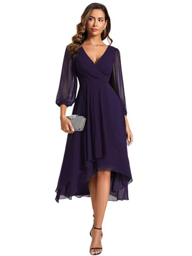 Cocktailkleid Damen Cocktailkleid V Ausschnitt Lange Ärmel A Linien Kleid Für Party Dunkelviolett 50 von Ever-Pretty