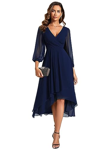 Cocktailkleid Damen Cocktailkleid V Ausschnitt Lange Ärmel A Linien Kleid Für Party Marineblau 50 von Ever-Pretty