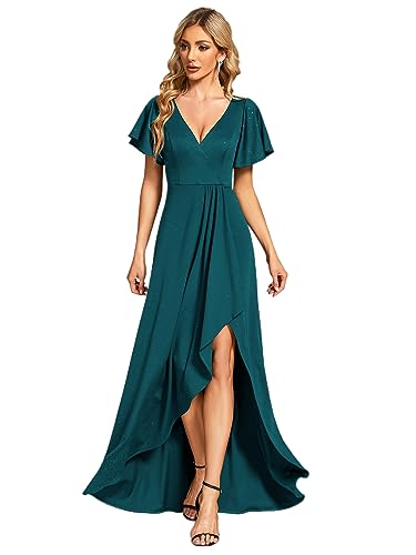 Damen Abendkleid V Ausschnitt Kurze Ärmel A Linien Kleid Für Party Hochzeitsgastkleid Blau Grün 38 von Ever-Pretty