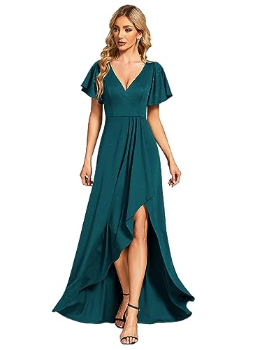 Damen Hochzeitsgastkleid Abendkleid V Ausschnitt Kurze Ärmel A Linien Kleid Für Party Blau Grün 44 von Ever-Pretty