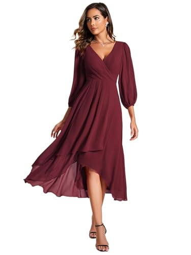 Damen Hochzeitsgastkleid V Ausschnitt Weihnachten Lange Ärmel A Linien Kleid Für Party Burgund 50 von Ever-Pretty