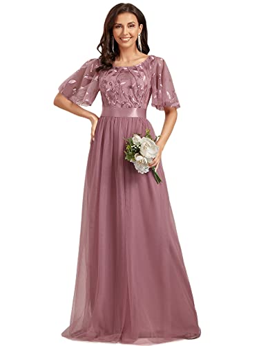 Ever-Pretty Damen Rundhalsausschnitt Kurze Ärmel Pailletten Elegant Maxi Abendkleider Orchidee 42 von Ever-Pretty