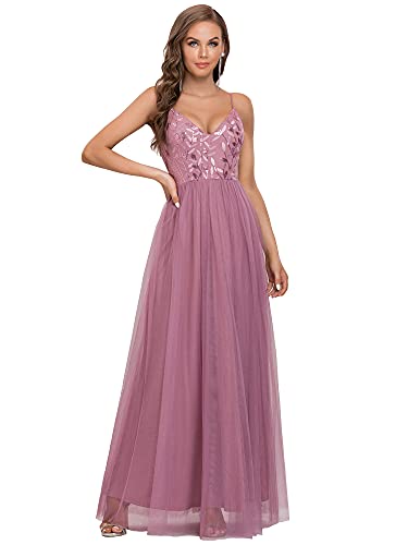 Ever-Pretty Damen Abschlusskleid Lang Tüll Pailletten Spaghetti-Träger V-Ausschnitt A-Linie Glitzer Orchidee 46EU von Ever-Pretty