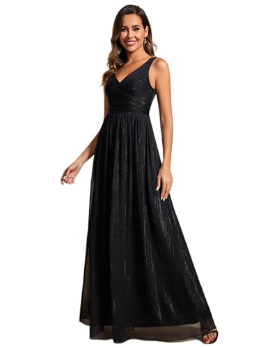Ever-Pretty Abendkleid A Line ärmellos V-Ausschnitt glänzend Damenkleid Chic und Elegant EE02096-P, Schwarz , 42 von Ever-Pretty