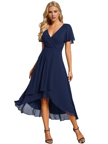 Ever-Pretty Abendkleid Asymmetrisches Cocktailkleid für Damen V Ausschnitt Knielang A-A-Linie Chic Navy Blau 38 von Ever-Pretty