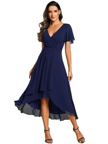 Ever-Pretty Abendkleid Asymmetrisches Cocktailkleid für Damen V Ausschnitt Knielang A-A-Linie Chic Navy Blau 48 von Ever-Pretty