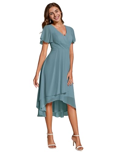 Ever-Pretty Abendkleid Damen A-Linie Chiffon Kurze Ärmel Partykleider V Ausschnitt Chiffon Hochzeit Knielang Staubiges Blau 54 von Ever-Pretty
