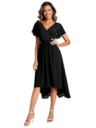 Ever-Pretty Abendkleid Damen A-Linie Knielang Cocktailkleid Elegant für Hochzeit V-Ausschnitt Kleid Ballkleid Schwarz 48 von Ever-Pretty