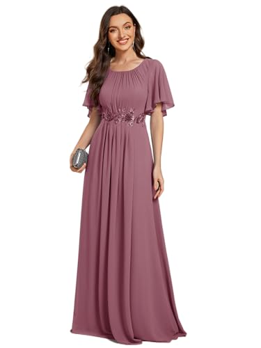 Ever-Pretty Abendkleid Damen Chiffon Applikation Rundhalsausschnitt Kurzarm Zeremonie EE02960-P, Orchidee, 34 von Ever-Pretty