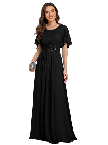 Ever-Pretty Abendkleid Damen Chiffon Applikation Rundhalsausschnitt Kurzarm Zeremonie EE02960-P, Schwarz, 42 von Ever-Pretty