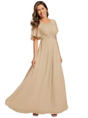 Ever-Pretty Abendkleid Damen Chiffon Applikation Rundhalsausschnitt Kurzarm Zeremonie EE02960-P, Champagne, 34 von Ever-Pretty