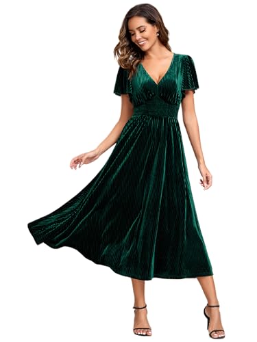 Ever-Pretty Abendkleid Damen Elegantes Samt Midi Zeremonie V-Ausschnitt Cocktailkleid Dunkelgrün 38 von Ever-Pretty