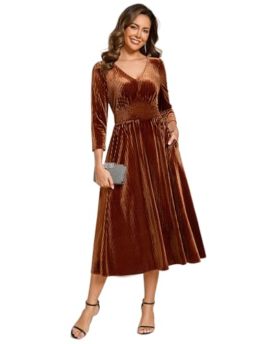 Ever-Pretty Abendkleid Damen Elegantes Samt Midi Zeremonie V-Ausschnitt Cocktailkleid Hochzeitsgäste Kleid Braun 38 von Ever-Pretty