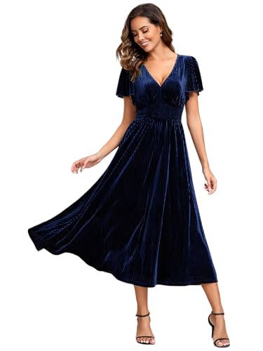 Ever-Pretty Abendkleid Damen Elegantes Samt Midi Zeremonie V-Ausschnitt Cocktailkleid Navy Blau 38 von Ever-Pretty