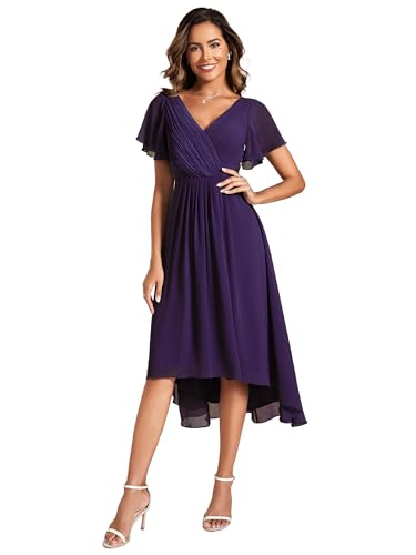 Ever-Pretty Abendkleid Damen Knielang A-Line Cocktailkleid Elegant für Hochzeit High Low Festliche Kleider Dunkelviolett 48 von Ever-Pretty
