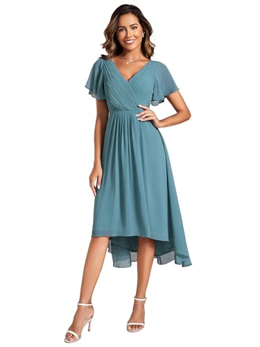 Ever-Pretty Abendkleid Damen Knielang A-Line Cocktailkleid Elegant für Hochzeit High Low Festliche Kleider Staubiges Blau 56 von Ever-Pretty