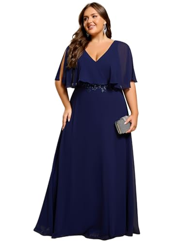 Ever-Pretty Abendkleid Große größen Chiffon Lang Ballkleider Kurze Ärmel Abendkleider Elegantes Damen Für Hochzeit V-Ausschnitt Navy Blau 56 von Ever-Pretty