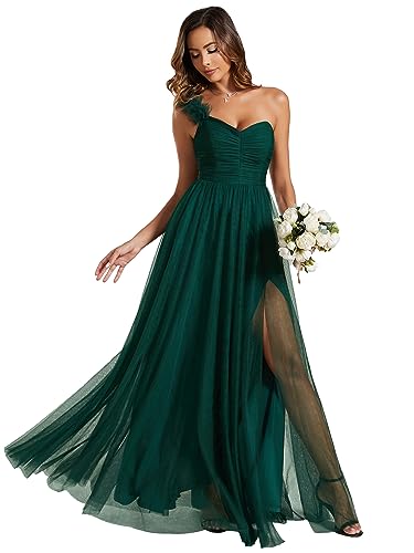 Ever-Pretty Abendkleid Lang Elegant für Hochzeit Eine Schulter A-Linie Ballkleider Damen Brautjungferkleider Chiffon Geschlitztes Kleid Dunkelgrün 40 von Ever-Pretty