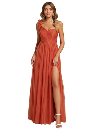 Ever-Pretty Abendkleid Lang Elegant für Hochzeit Eine Schulter A-Linie Ballkleider Damen Brautjungferkleider Chiffon Geschlitztes Kleid Gebranntes Orange 48 von Ever-Pretty