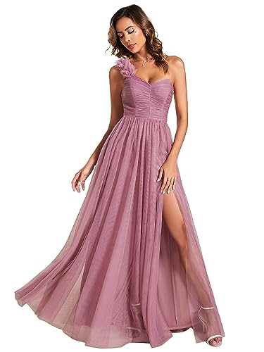 Ever-Pretty Abendkleid Lang Elegant für Hochzeit Eine Schulter A-Linie Ballkleider Damen Brautjungferkleider Chiffon Geschlitztes Kleid Orchidee 46 von Ever-Pretty