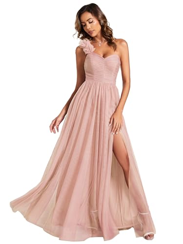 Ever-Pretty Abendkleid Lang Elegant für Hochzeit Eine Schulter A-Linie Ballkleider Damen Brautjungferkleider Chiffon Geschlitztes Kleid Rosa 44 von Ever-Pretty