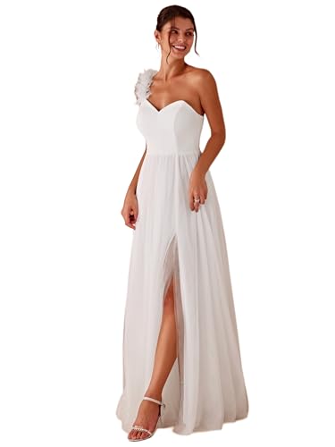 Ever-Pretty Abendkleid Lang Elegant für Hochzeit Eine Schulter A-Linie Ballkleider Damen Brautjungferkleider Chiffon Geschlitztes Kleid Weiß 40 von Ever-Pretty