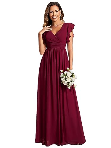 Ever-Pretty Abendkleid Lang Elegant für Hochzeit V-Ausschnitt A-Linie Ballkleider Damen Neckholder Brautjungferkleider Chiffon Burgund 36 von Ever-Pretty