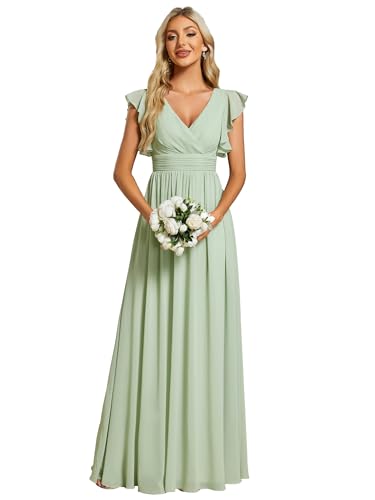 Ever-Pretty Abendkleid Lang Elegant für Hochzeit V-Ausschnitt A-Linie Ballkleider Damen Neckholder Brautjungferkleider Chiffon Minzgrün 48 von Ever-Pretty