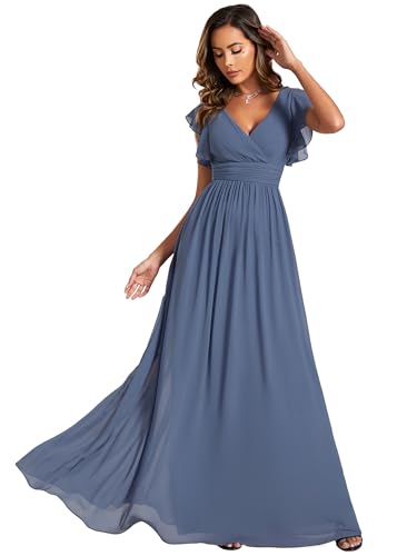 Ever-Pretty Abendkleid Lang Elegant für Hochzeit V-Ausschnitt A-Linie Ballkleider Damen Neckholder Brautjungferkleider Chiffon Nebelblau 40 von Ever-Pretty