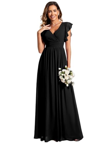 Ever-Pretty Abendkleid Lang Elegant für Hochzeit V-Ausschnitt A-Linie Ballkleider Damen Neckholder Brautjungferkleider Chiffon Schwarz 46 von Ever-Pretty