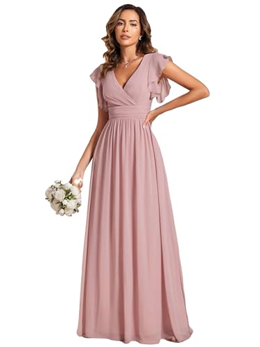 Ever-Pretty Abendkleid Lang Elegant für Hochzeit V-Ausschnitt A-Linie Ballkleider Damen Neckholder Brautjungferkleider Chiffon Staubige Rose 46 von Ever-Pretty