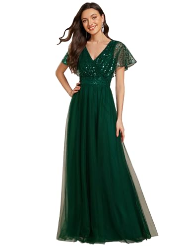 Ever-Pretty Abendkleid für Damen, lang, Pailletten, Tüll, V-Ausschnitt, Rüschenärmel, für Ball, Promo EE02223-P, dunkelgrün, 48 von Ever-Pretty