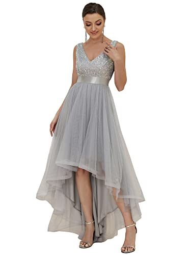 Ever-Pretty Damen Abendkleid Bodenlang Pailletten V-Ausschnitt Ärmellos Tüll Rückenfrei Elegant Silber 46EU von Ever-Pretty