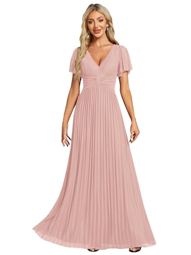 Ever-Pretty Abendkleid für Damen, lange Ärmel, Rüschen, glänzend, Plissee, V-Ausschnitt, Empire-Taille, schick, EE11961-P, Rosa, 46 von Ever-Pretty