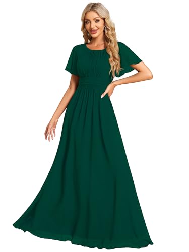 Ever-Pretty Abendkleider Chiffon Lang Ballkleider Kurze Ärmel Rundhalsausschnitt Festliche Kleider für Damen Dunkelgrün 50 von Ever-Pretty