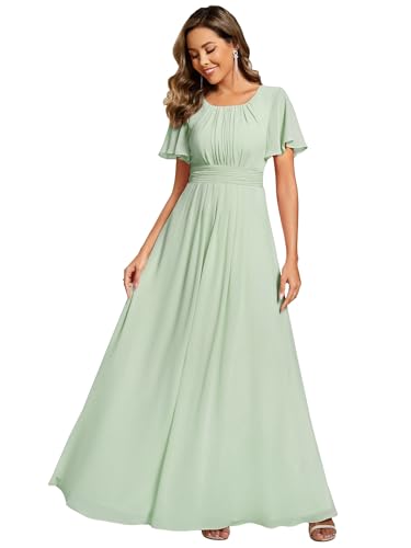 Ever-Pretty Abendkleider Chiffon Lang Ballkleider Kurze Ärmel Rundhalsausschnitt Festliche Kleider für Damen Minzgrün 56 von Ever-Pretty