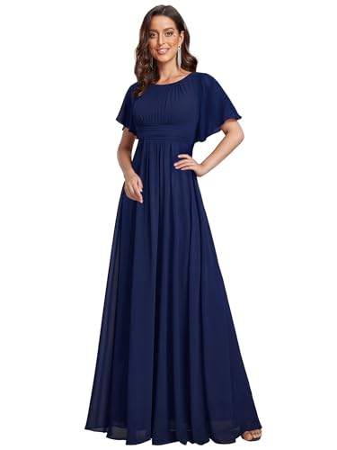 Ever-Pretty Abendkleider Chiffon Lang Ballkleider Kurze Ärmel Rundhalsausschnitt Festliche Kleider für Damen Navy Blau 40 von Ever-Pretty