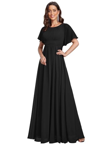 Ever-Pretty Abendkleider Chiffon Lang Ballkleider Kurze Ärmel Rundhalsausschnitt Festliche Kleider für Damen Schwarz 54 von Ever-Pretty