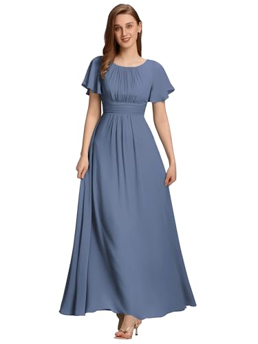 Ever-Pretty Abendkleider Chiffon Lang Ballkleider Kurze Ärmel Rundhalsausschnitt Festliche Kleider für Damen Staubige Marine 42 von Ever-Pretty