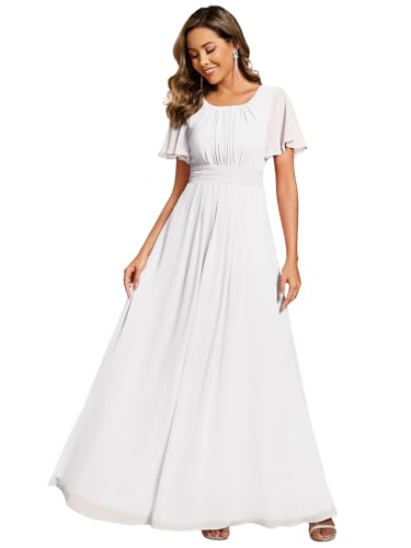 Ever-Pretty Abendkleider Chiffon Lang Ballkleider Kurze Ärmel Rundhalsausschnitt Festliche Kleider für Damen Weiß 46 von Ever-Pretty