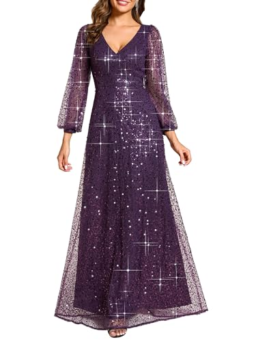 Ever-Pretty Abendkleider Damen Elegant Langarm Slim Hohe Taille Glitzer Tüll Kleid Maxi Lang Cocktailkleid EE01999, Dunkelviolett, 40 von Ever-Pretty