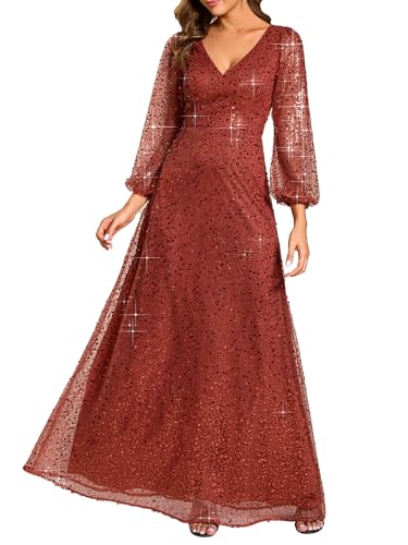 Ever-Pretty Abendkleider Damen Elegant Langarm Slim Hohe Taille Glitzer Tüll Kleid Maxi Lang Cocktailkleid EE01999, Orange, 46 von Ever-Pretty