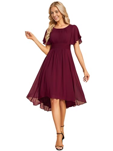 Ever-Pretty Abendkleider Damen Elegant für Hochzeit Hochzeitsgäste Kleid A-Line Knielang High-Low Cocktailkleid Festliche Kleider Burgund 38 von Ever-Pretty
