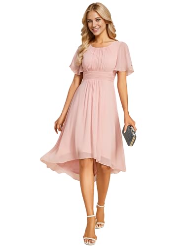 Ever-Pretty Abendkleider Damen Elegant für Hochzeit Hochzeitsgäste Kleid A-Line Knielang High-Low Cocktailkleid Festliche Kleider Rosa 46 von Ever-Pretty