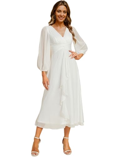 Ever-Pretty Abendkleider Damen Elegant für Hochzeit Hochzeitsgäste Kleid Knielang A-Line Cocktailkleid Langarm Festliche Kleider Beige 48 von Ever-Pretty