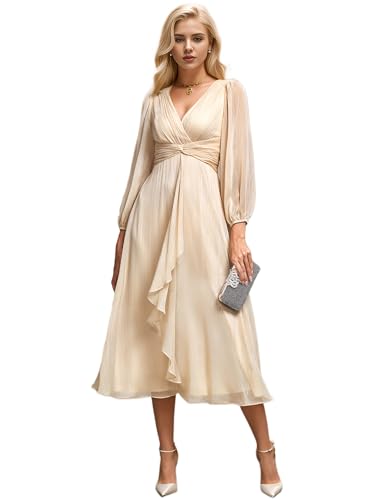 Ever-Pretty Abendkleider Damen Elegant für Hochzeit Hochzeitsgäste Kleid Knielang A-Line Cocktailkleid Langarm Festliche Kleider Champagner 44 von Ever-Pretty